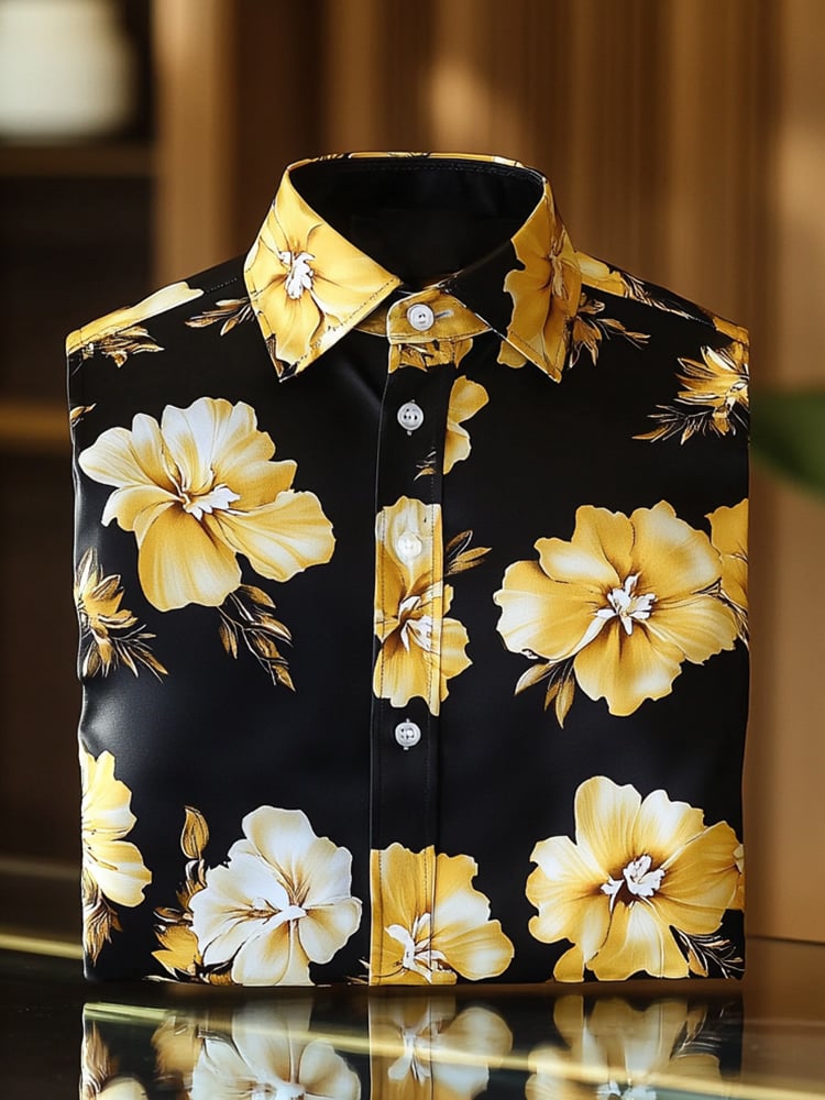 Camisa ejecutivo casual yellow floral solapa de manga corta para hombre