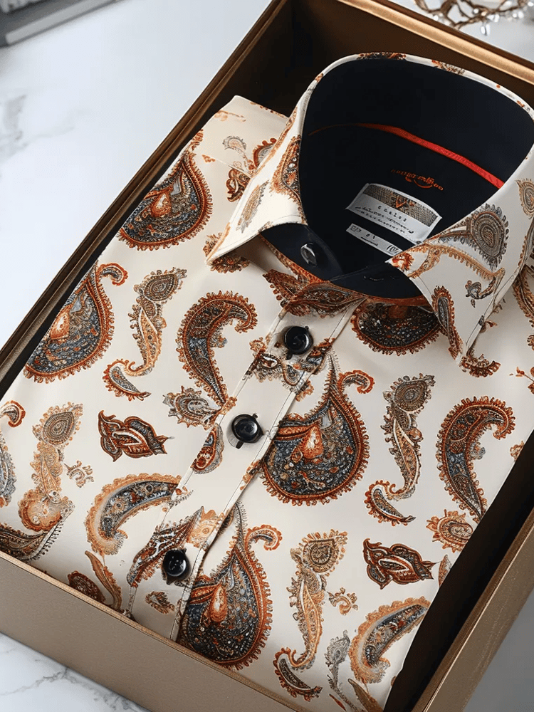 Camisa de lujo Romantic Contrast Color estampado de manga larga para hombre