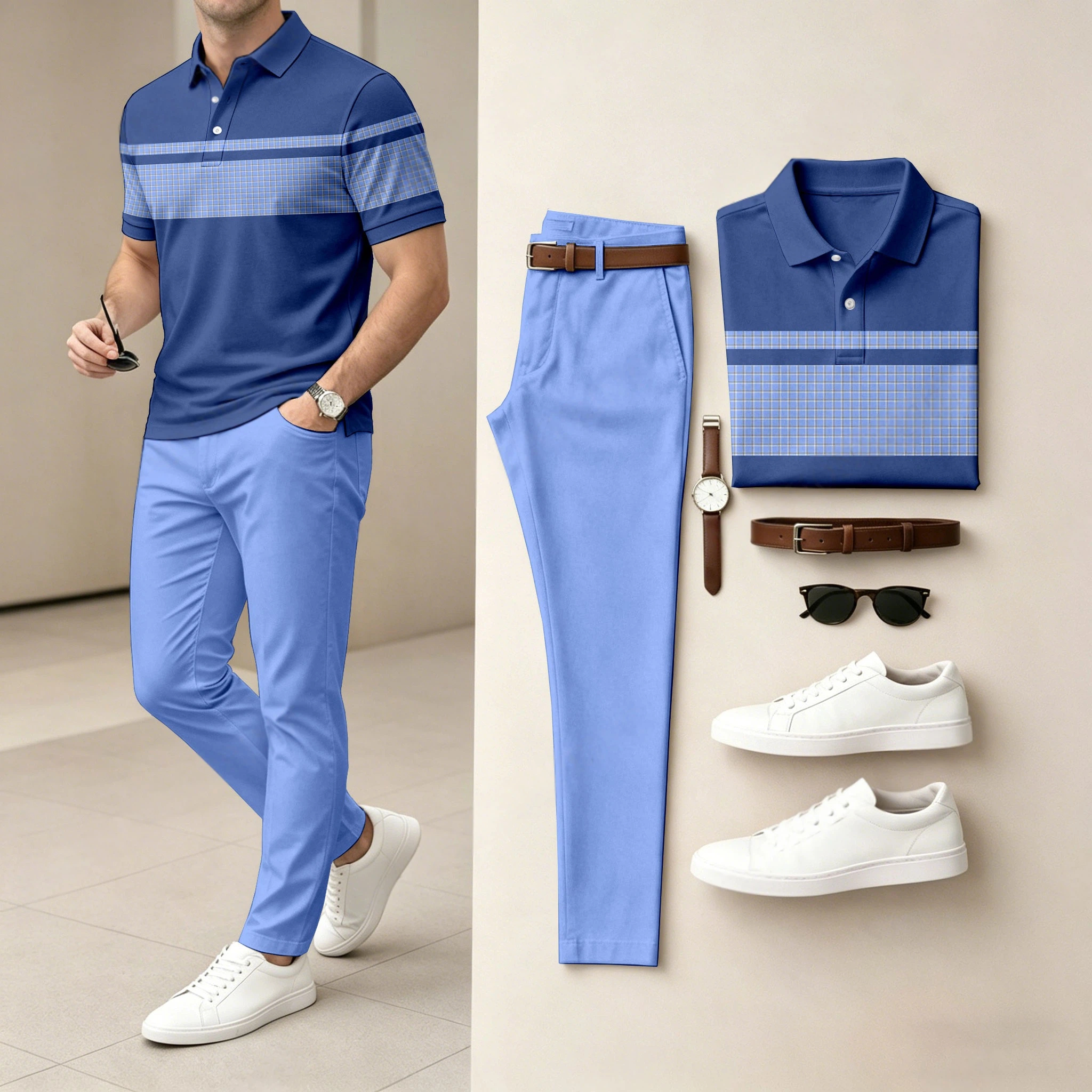 Conjunto de dos piezas casual Contrasting a cuadros estampado camisa polo And pantalón para hombre