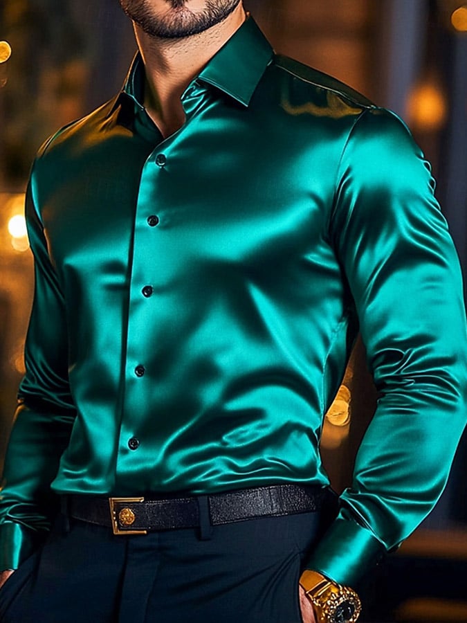 Camisa Luxe Solid satén de manga larga para hombre