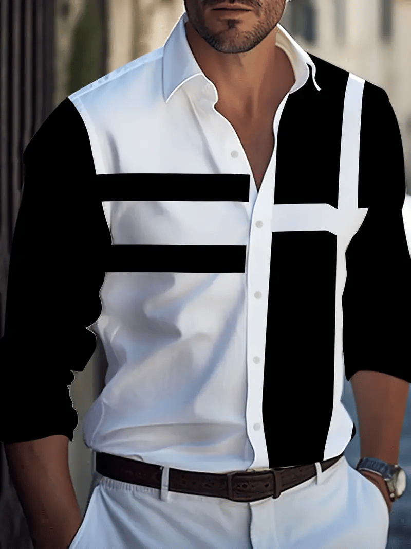 Camisa casual a rayas de manga larga solapa para hombre
