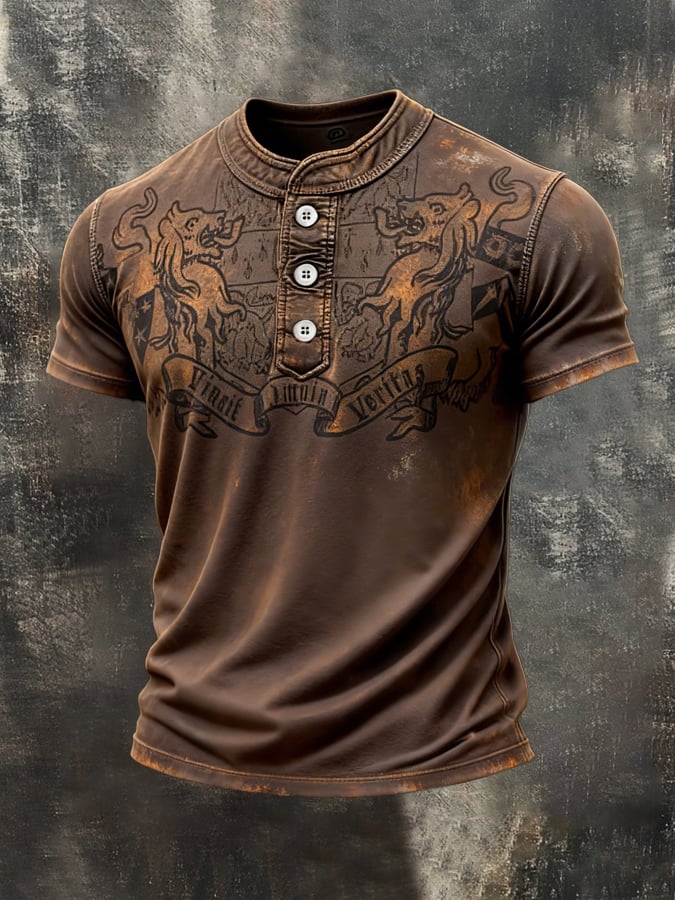 Retro estampado en bloques de color Henley cuello de manga corta Top para hombre