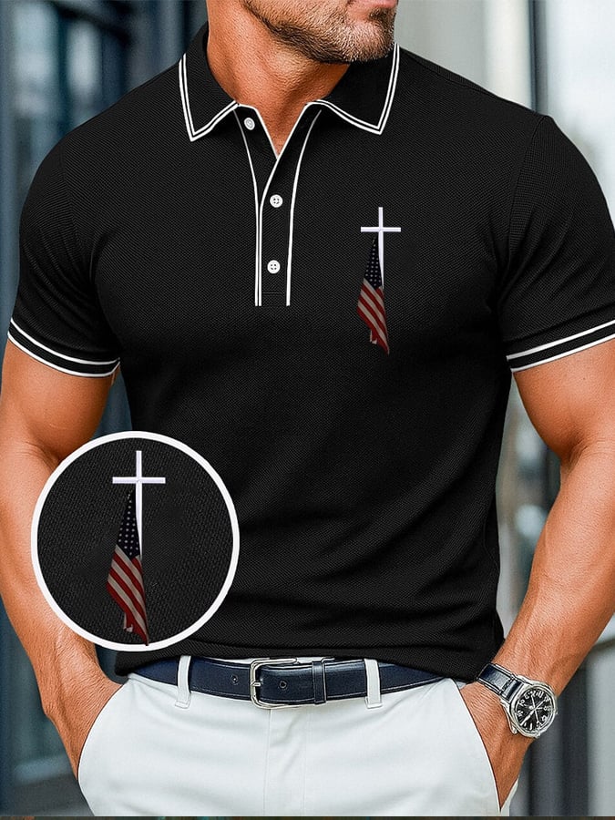 Camisa polo Cross&American Flag estampado casual para hombre