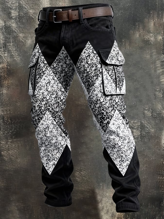 Pantalón retro en bloques de color desgastado bolsillo Cargo para hombre