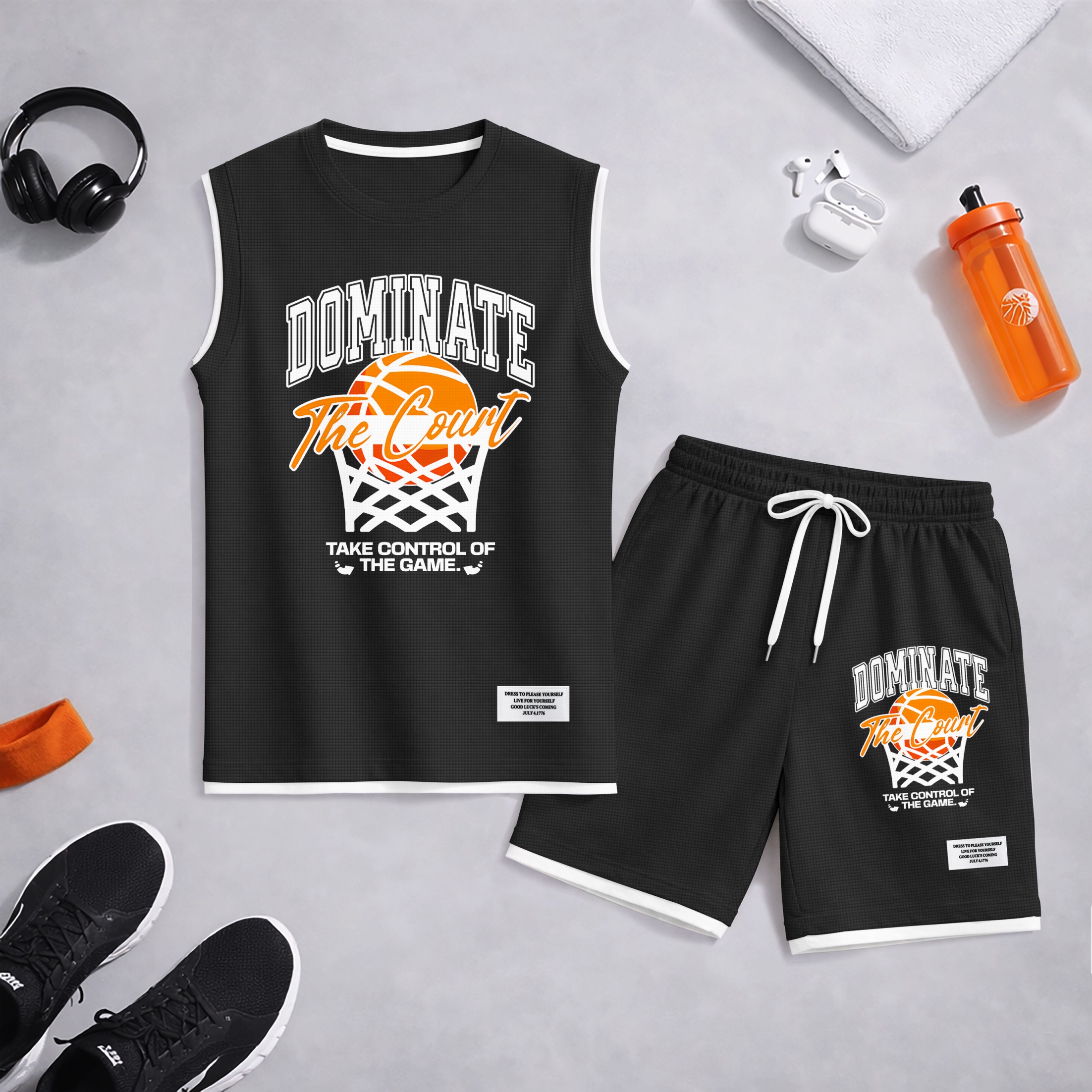Shorts Basketball Graphic estampado Summer Set Sleeveless Tank Top & Matching Outfit, “Dominate The Court” Letter estampado with Hoop & Ball Design, Lightweight casual Streetwear Athletic Set for Everyday & para trabajoout para hombre