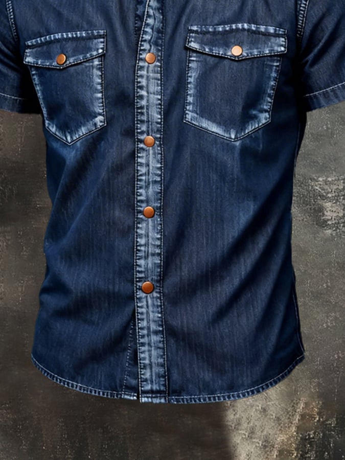 para hombre retro en bloques de color Denim de manga corta camisa