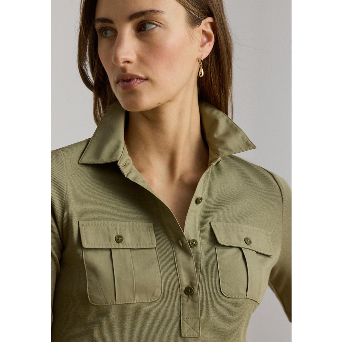Rib-Knit Elbow-Sleeve Collared Top - 3