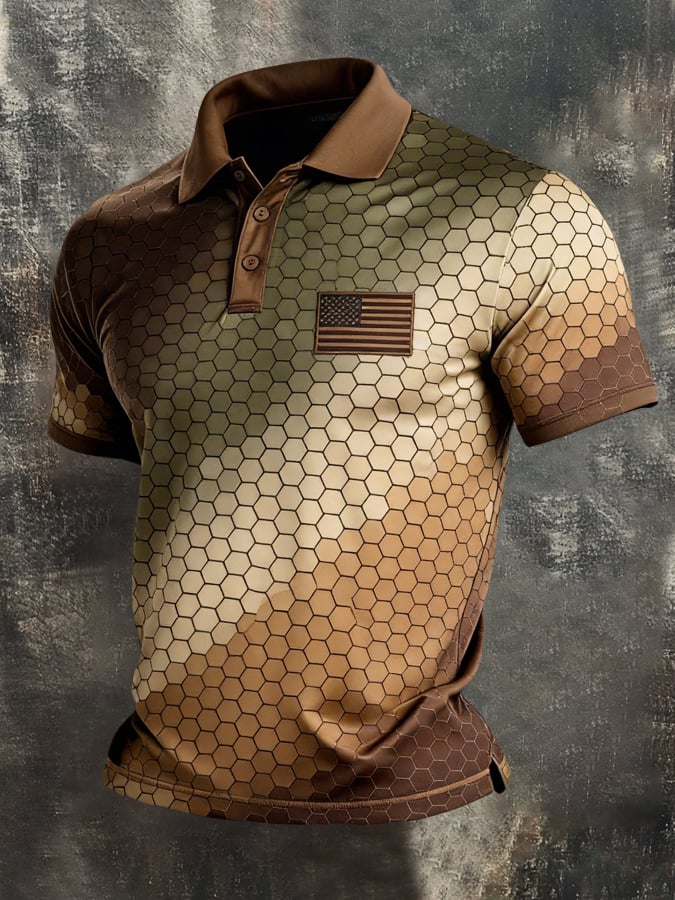 Retro Patriot en bloques de color Polo Collar de manga corta para hombre
