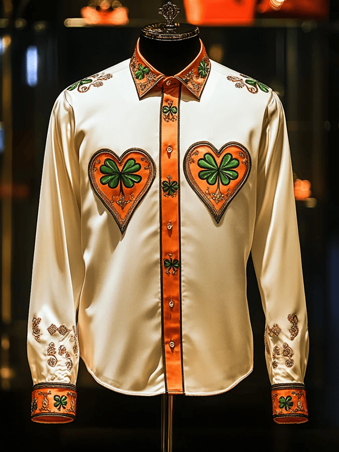 Camisa Party St. Patrick estampado de manga larga solapa para hombre