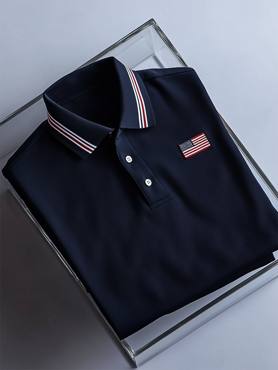 Camisa polo ejecutivo casual a rayas Independence Day Button de manga corta para hombre