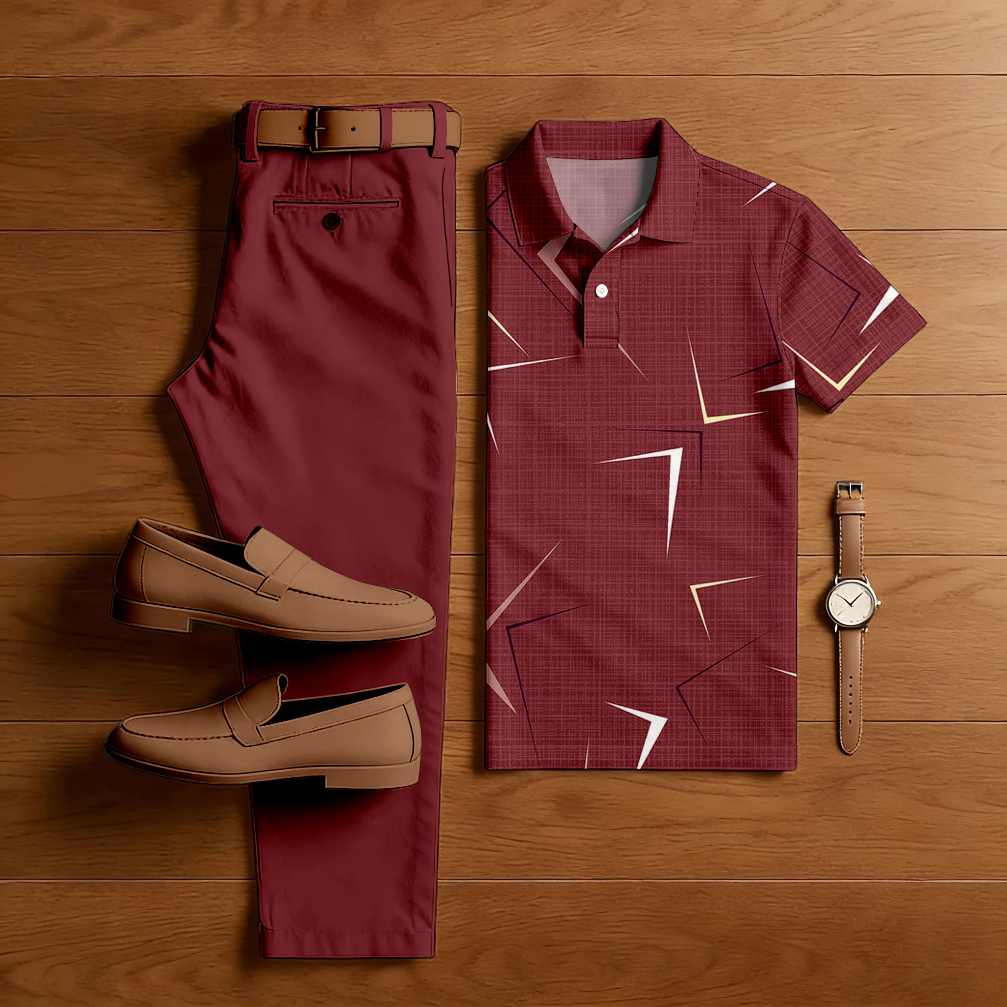 Conjunto de dos piezas casual Red Color Matching Checkered estampado de manga corta camisa polo & Trousers para hombre
