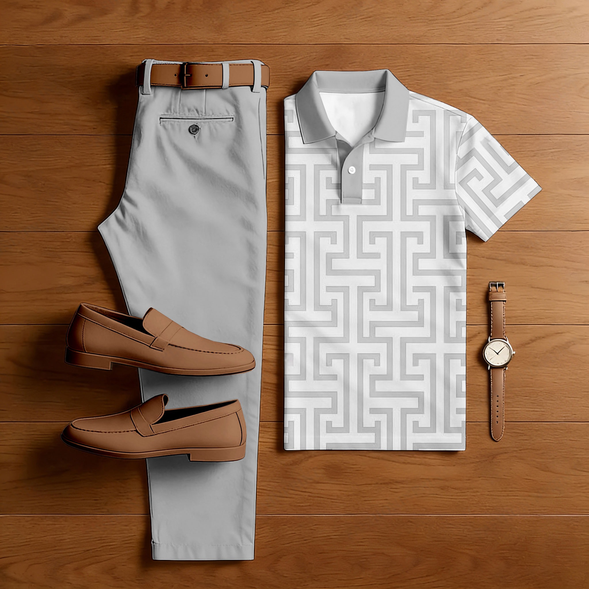 Conjunto de dos piezas casual Grey estampado camisa polo And pantalón para hombre