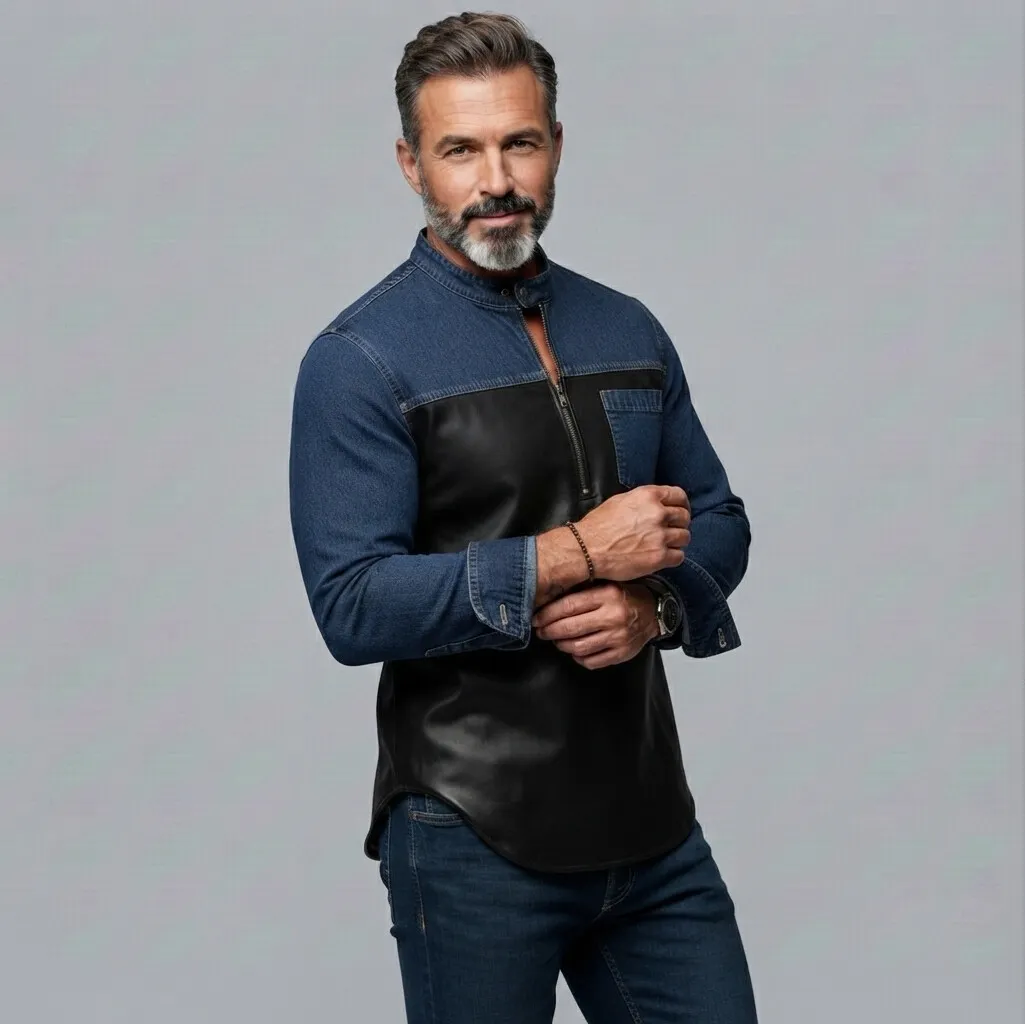 Denim PU Leather Patchpara trabajo Stand Collar Half Zip Chest Pocket Slim Ficamiseta para hombre