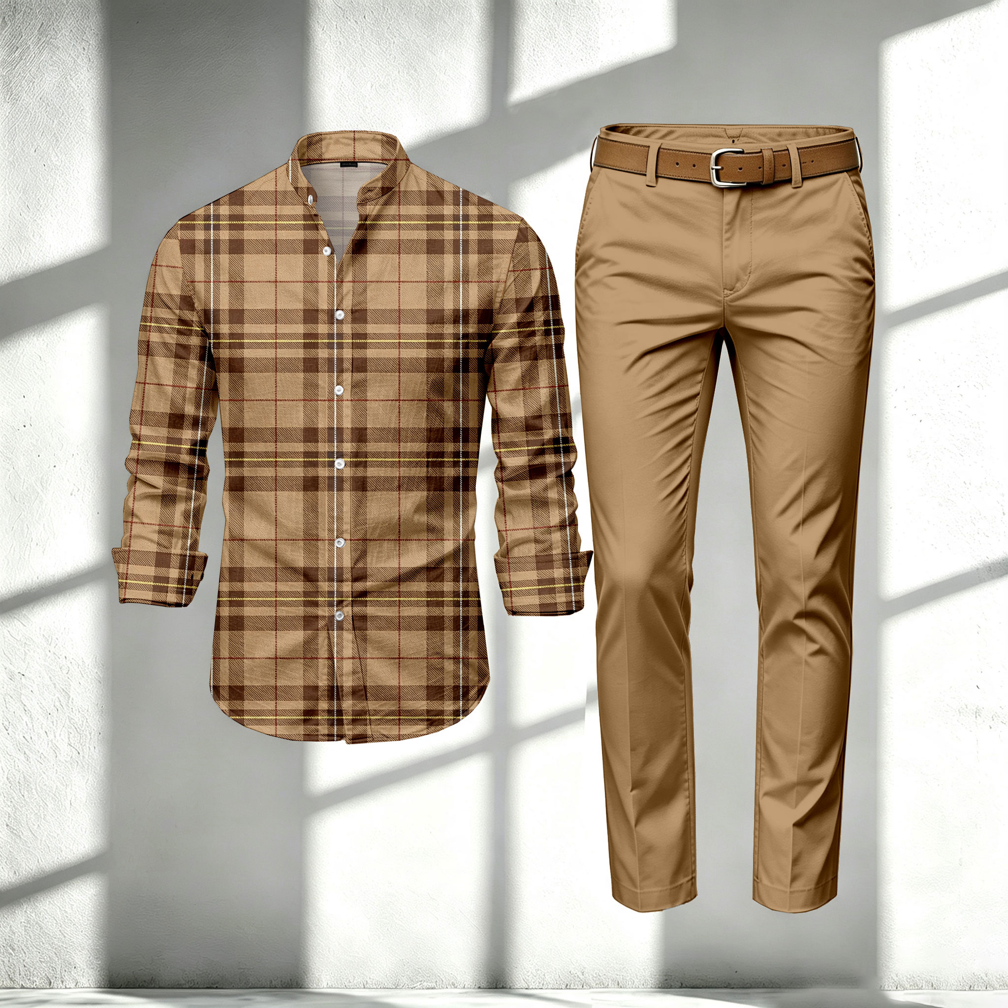 para hombre Brown Stand-Collar de manga larga camisa and pantalón Set