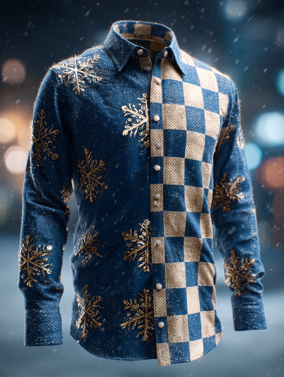 Camisa ejecutivo de lujo retro Christmas a cuadros Snowflake de manga larga para hombre