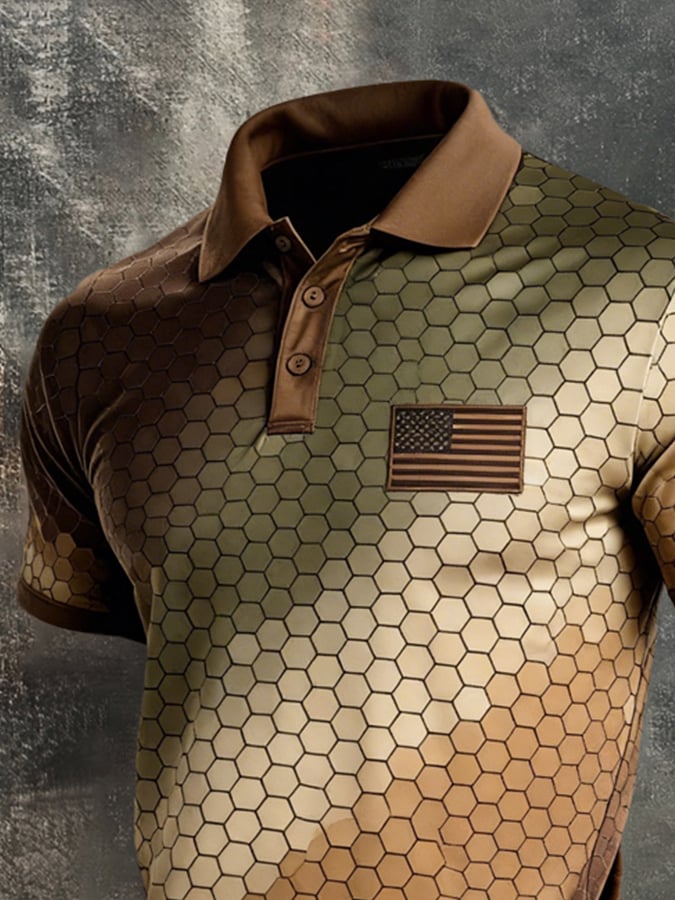 Retro Patriot en bloques de color Polo Collar de manga corta para hombre