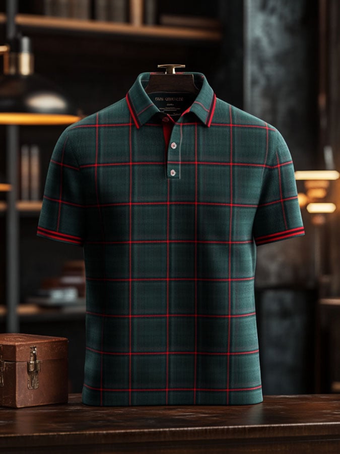 Camisa polo casual clásico a cuadros estampado ejecutivo de manga corta para hombre