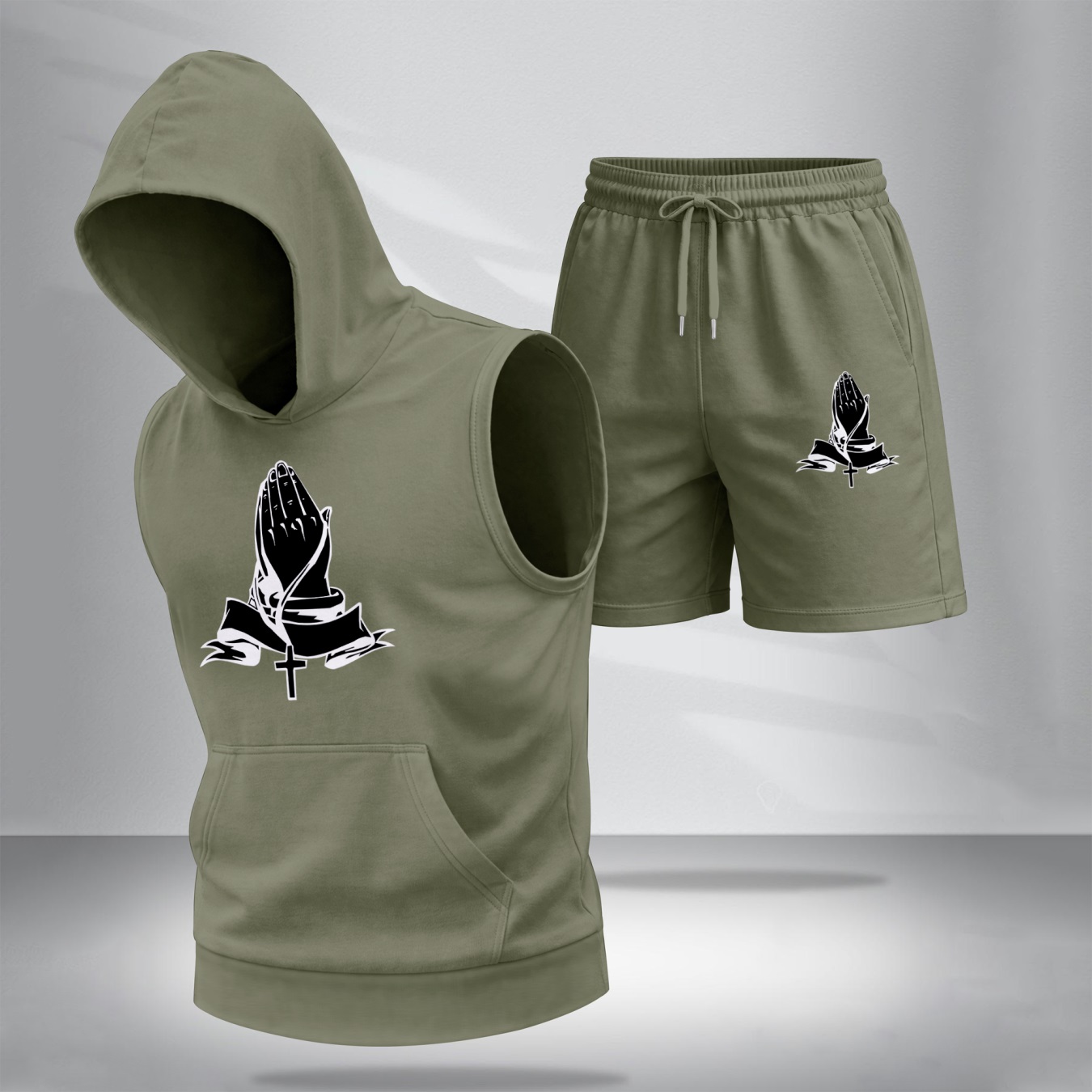 Sudadera con capucha Sleeveless & shorts Set – Praying Hands Graphic, Faith Cross Design, casual Summer Streetwear, Lightweight Comfort Fit, TikTok Hot Trend, Gym & para uso diario Wear para hombre