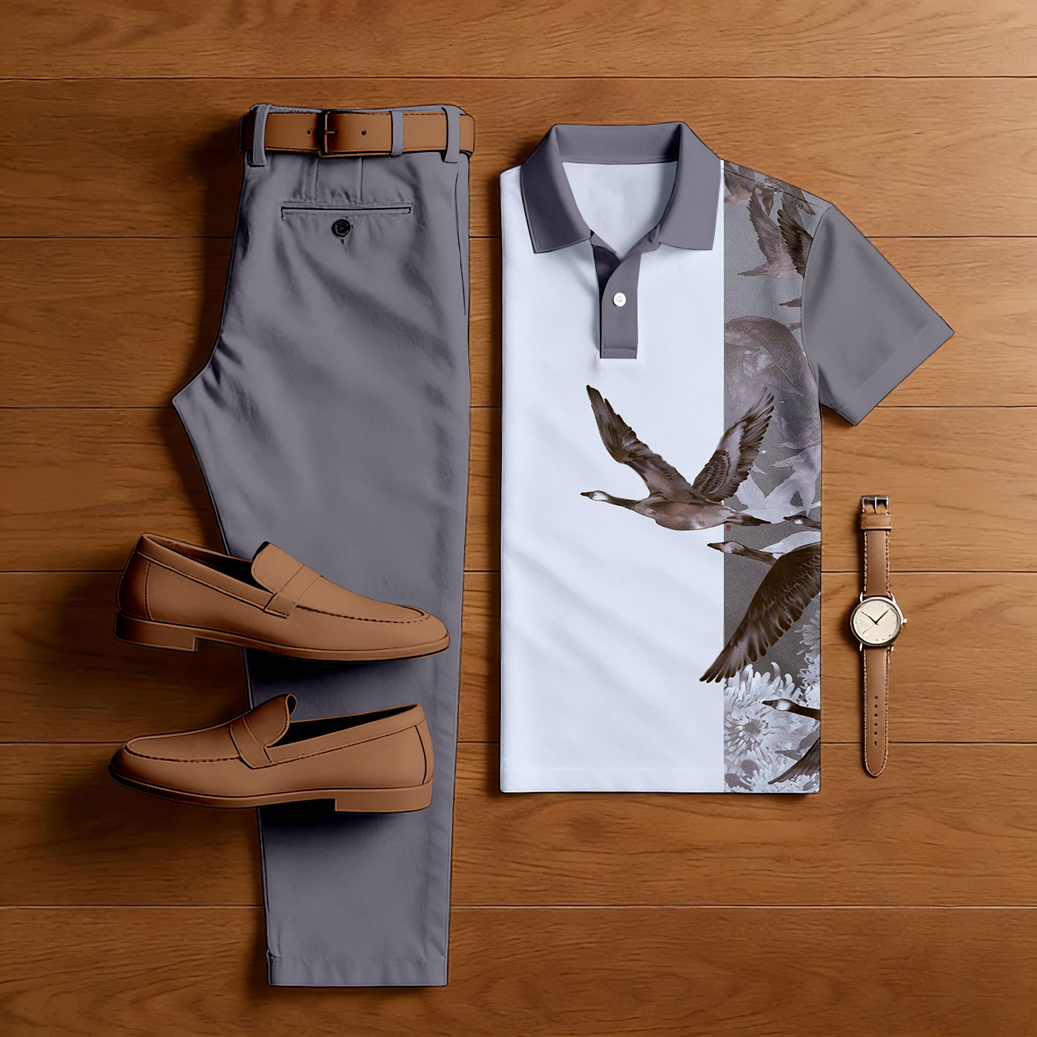 Conjunto de dos piezas casual Gray Bird estampado camisa polo And pantalón para hombre