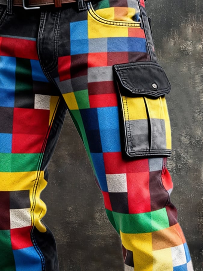 Pantalón retro en bloques de color desgastado bolsillo Cargo para hombre
