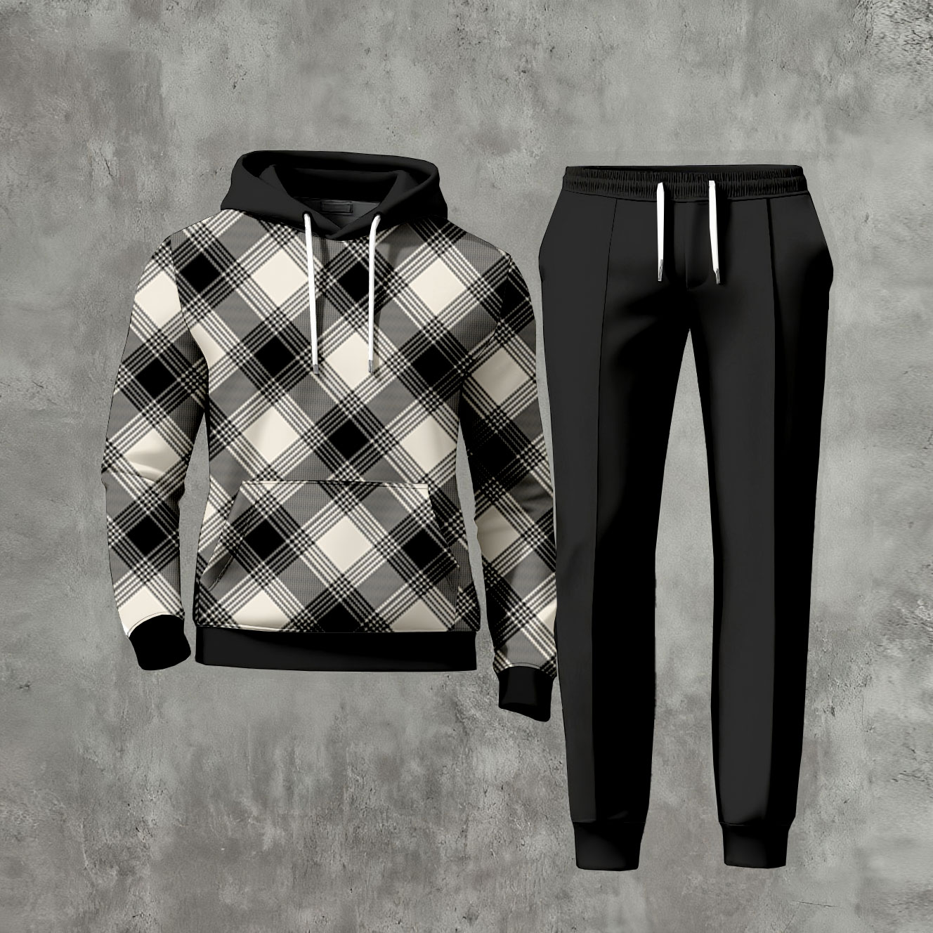 Conjunto de dos piezas casual Checked estampado de manga larga sudadera con capuchas sudadera & Trousers Black para hombre