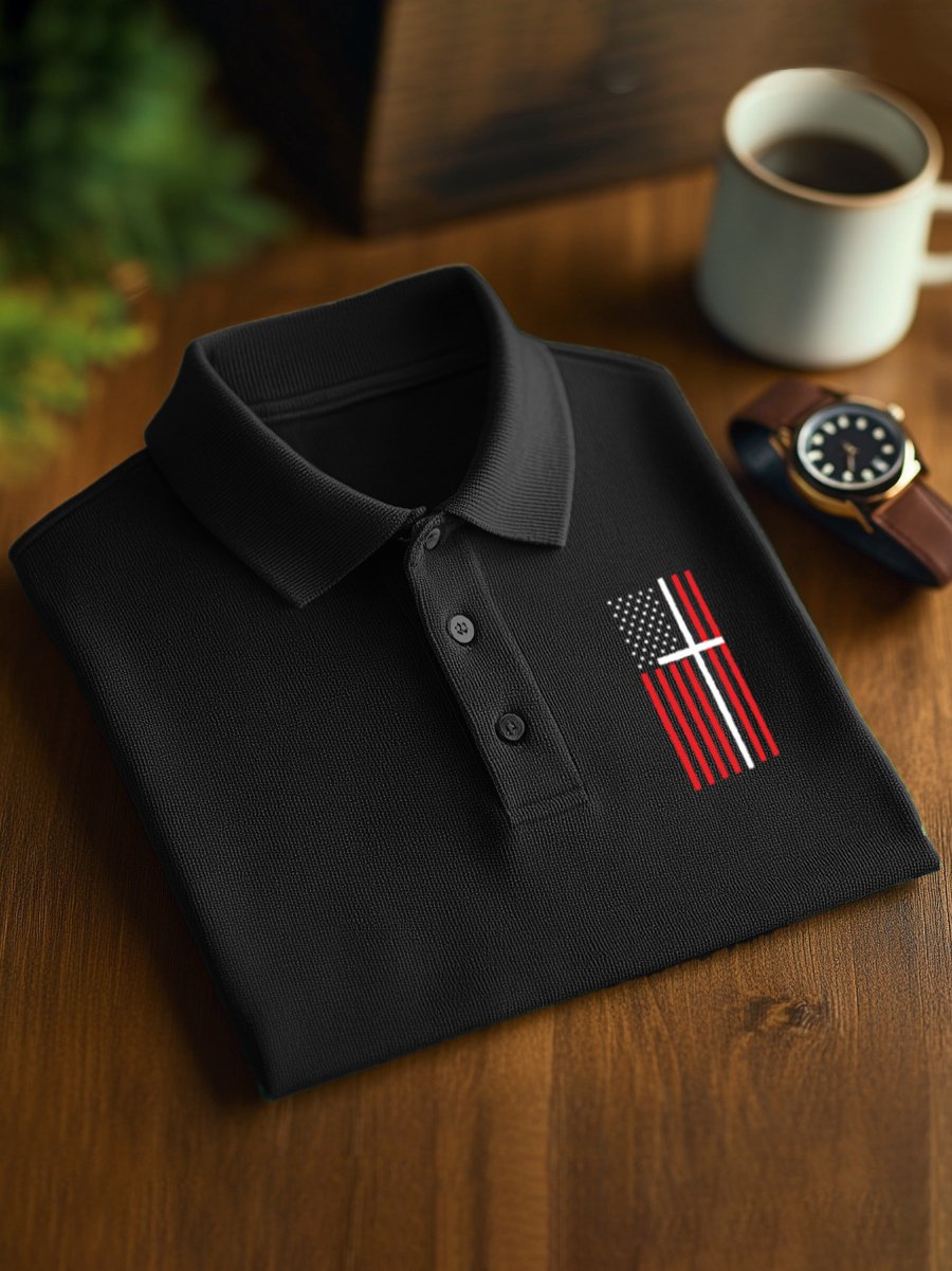 Camisa polo ejecutivo casual Cross Flag Button de manga corta para hombre