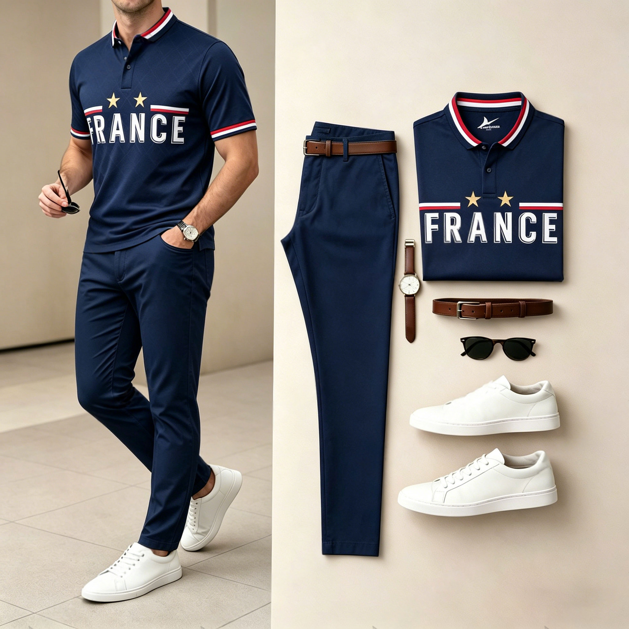 Conjunto de dos piezas casual Navy Blue Letters Sporty estampado camisa polo And pantalón para hombre