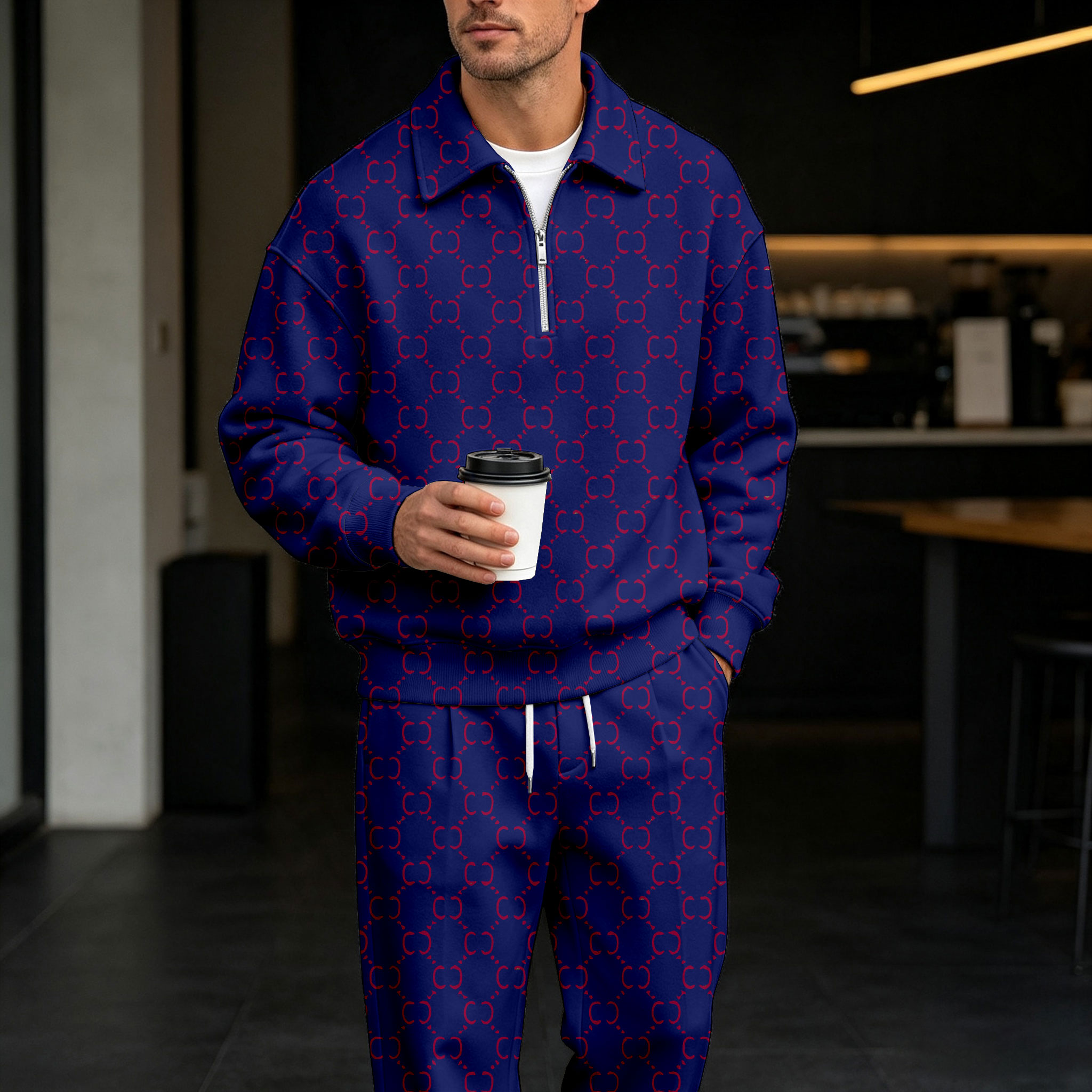 para hombre Red estampado Zipper camisa polo and pantalón Set