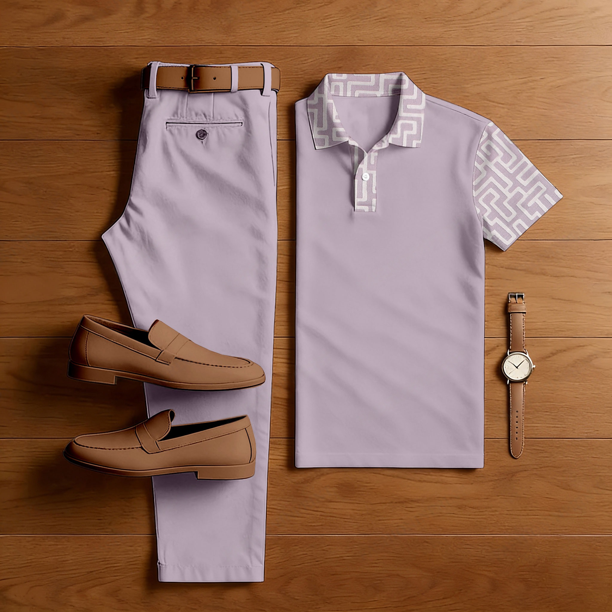 Conjunto de dos piezas casual Purple estampado camisa polo And Trousers para hombre