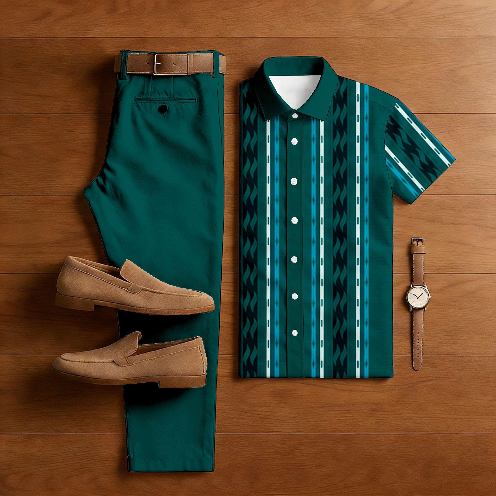Conjunto de dos piezas casual Green Color Matching a rayas estampado de manga corta camisa & Trousers para hombre
