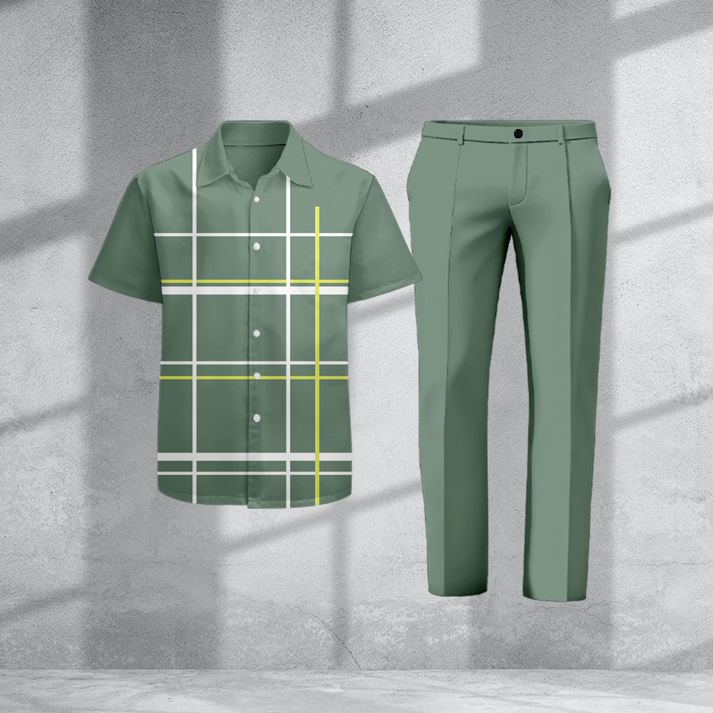 Conjunto de dos piezas casual Green a cuadros estampado camisa polo And pantalón para hombre