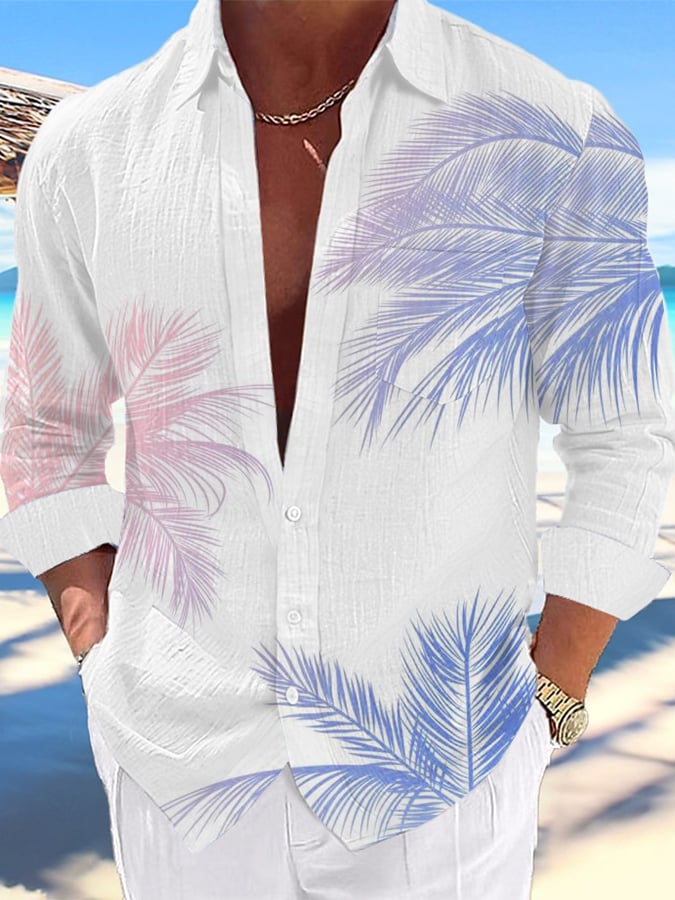 Hawaiian Palm Tree estampado de manga larga Pockecamiseta para hombre