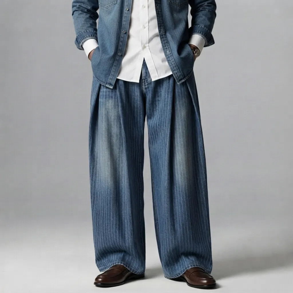 para hombre Pinstripe Pattern Slant Pocket Pleated Wide Leg Denim pantalón