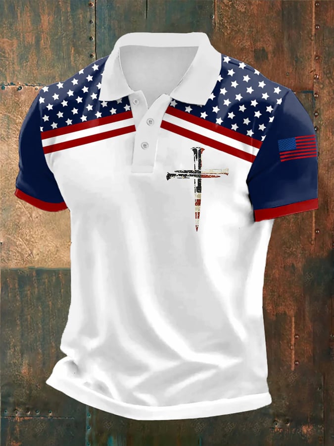 Camisa polo retro Faith Cross estampado casual para hombre