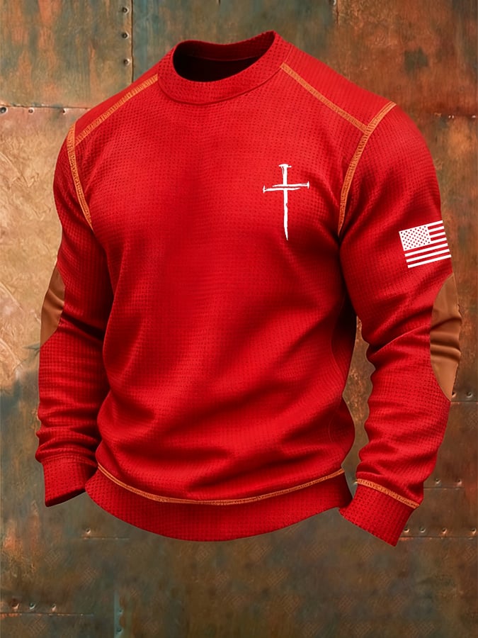 Sudadera vintage Faith Cross estampado Waffle cuello redondo para hombre