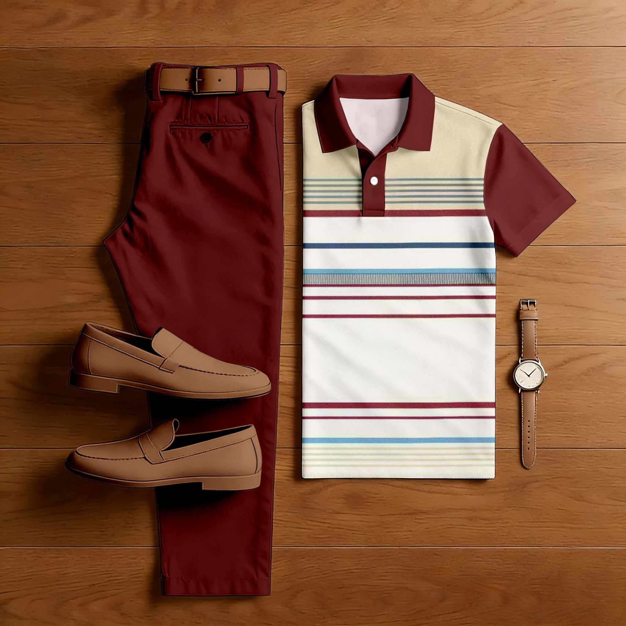 Conjunto de dos piezas casual Burgundy & White Multi Color Matching a rayas estampado de manga corta camisa polo & Trousers para hombre