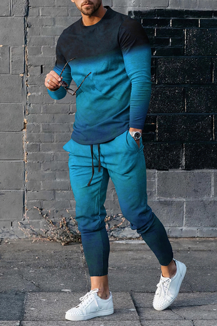 Camiseta Gradient en bloques de coloring de manga larga And pantalón Co-Ord para hombre