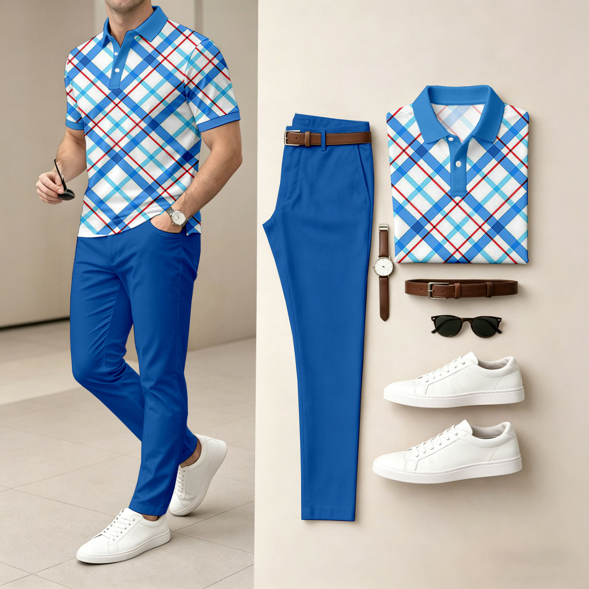 Conjunto de dos piezas casual Dark Blue a cuadros estampado camisa polo And pantalón para hombre