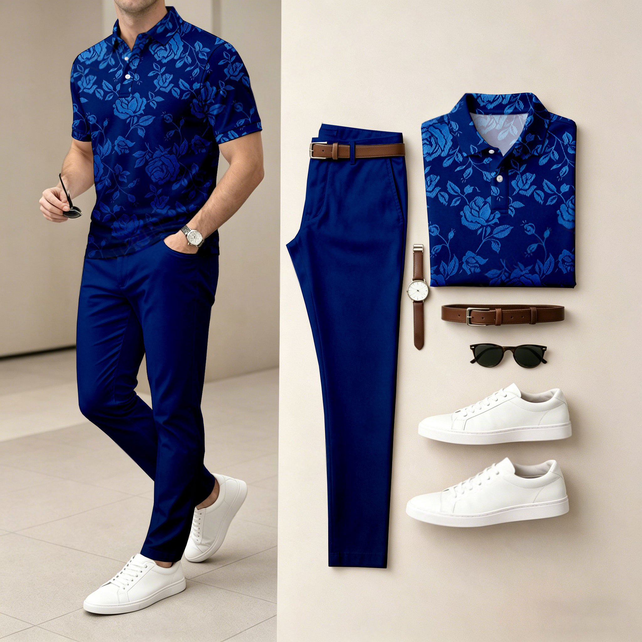 Camisa polo casual floral-estampado de manga corta And pantalón Set (Excludes Accessories Such As Watches And Belts) para hombre