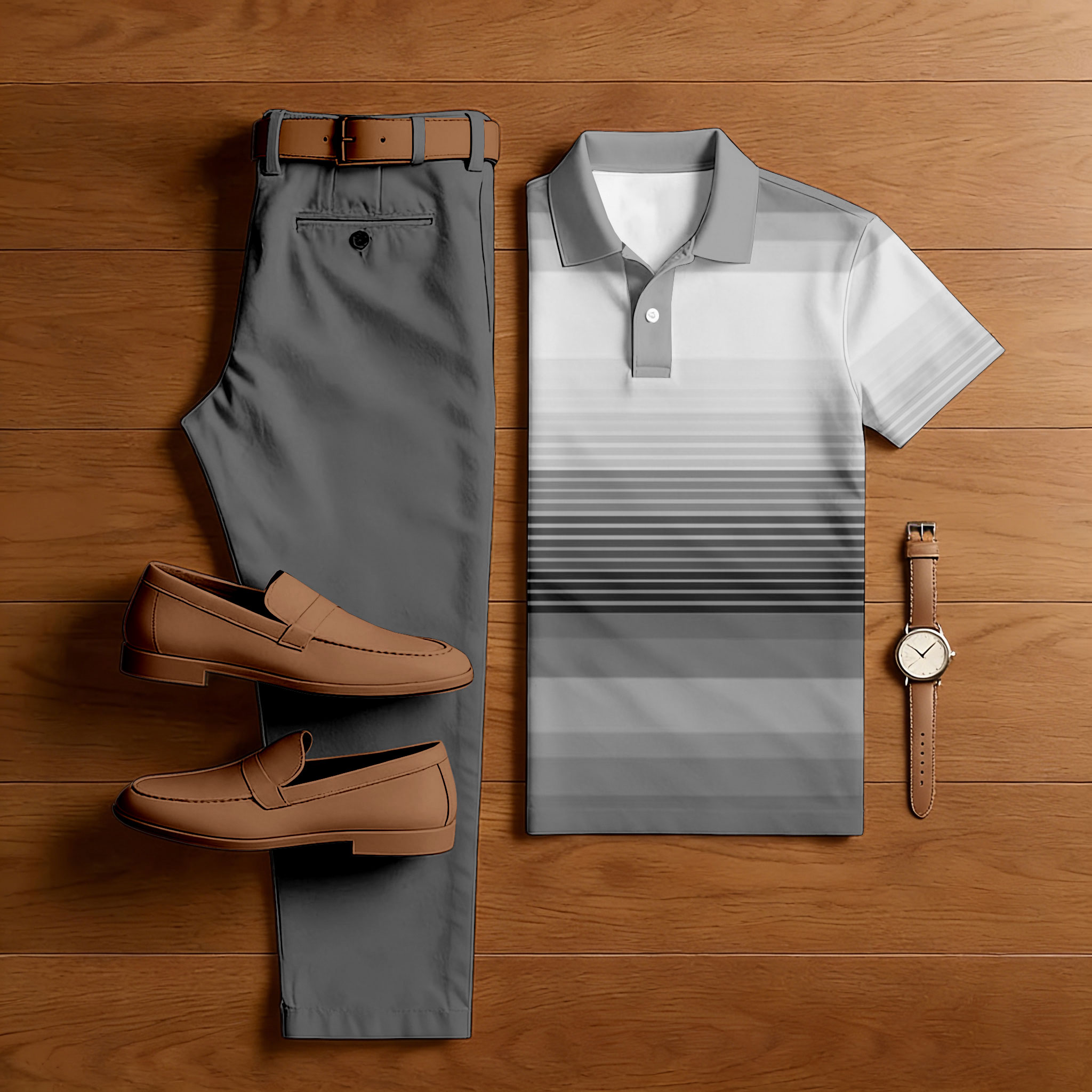 Conjunto de dos piezas casual Gradien Gray Color Matching a rayas estampado de manga corta camisa polo & Trousers para hombre