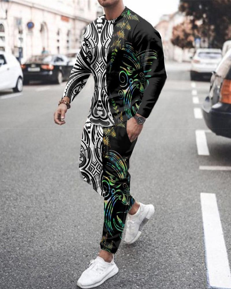 Casual color-block estampado color-block de manga larga sports set 008 para hombre