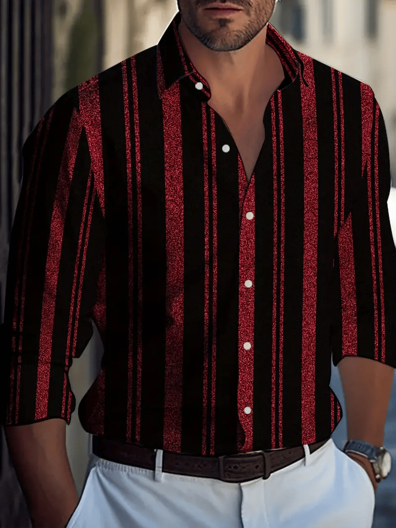 Camisa casual a rayas de manga larga solapa para hombre