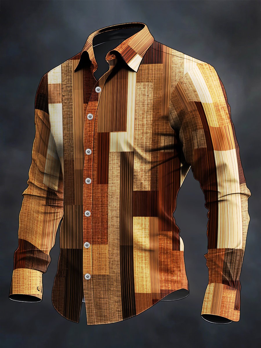 Camisa retro casual geométrico Art de manga larga para hombre