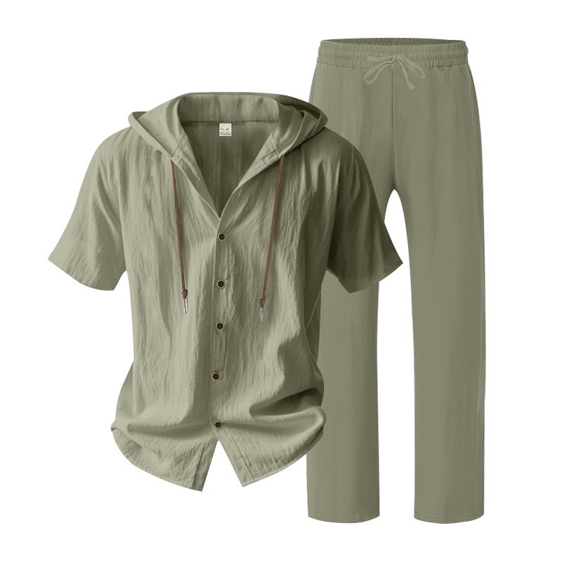 Conjunto de dos piezas de lino casual Hooded de manga corta camisa and holgado pantalón Set, Lightweight transpirable Summer Beach Vacation Outfit, Drawstring Relaxed Fit for para uso diario Wear Travel Resort Loungewear Comfortable elegante Summer Outfit para hombre