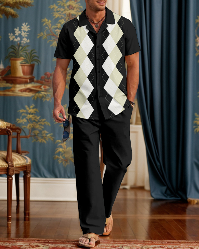 Camisa Rianmond clásico Bowling Contrasting Geometric rayas Walking Suit para hombre