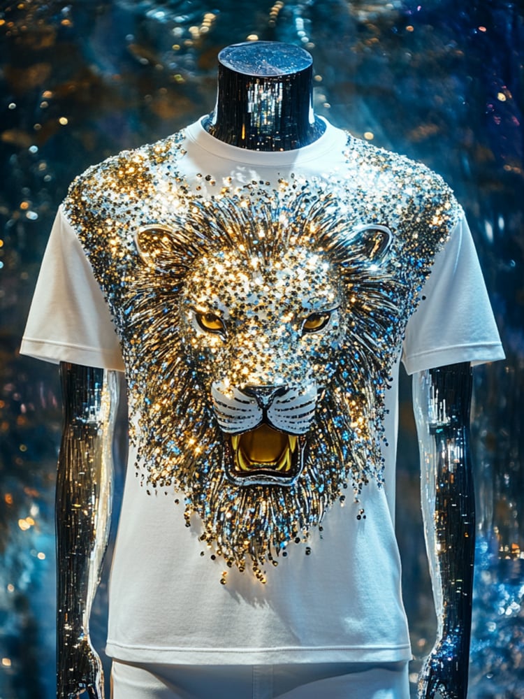 Camiseta Lion Sequin ejecutivo estampado de manga corta para hombre