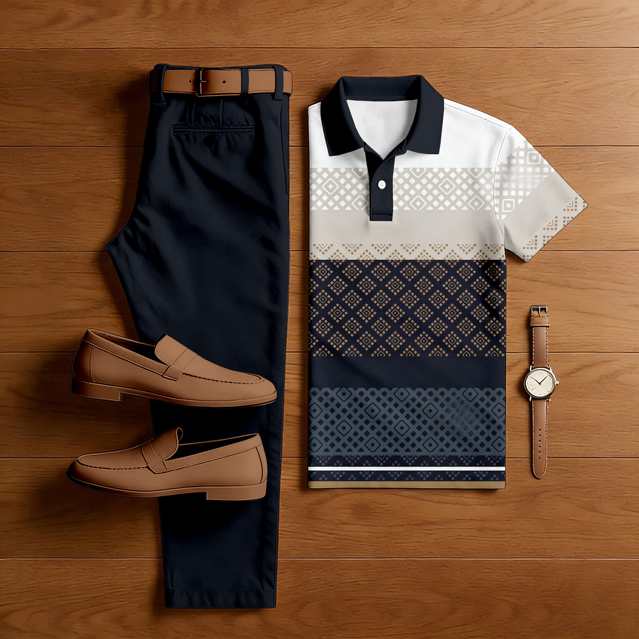 Conjunto de dos piezas casual Navy Blue & Multi Color Matching retro estampado de manga corta camisa polo & Trousers para hombre