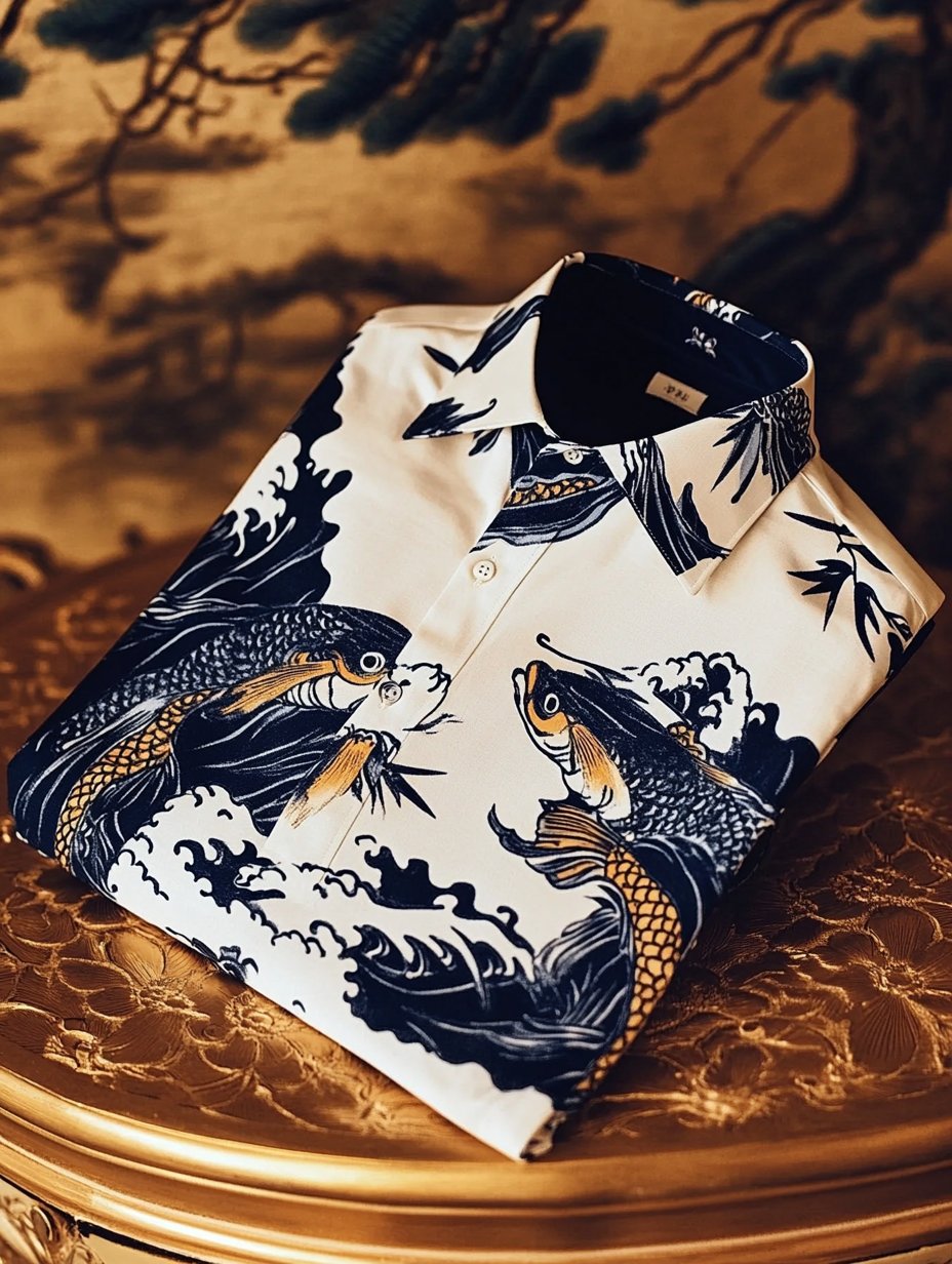 Camisa de lujo clásico Ukiyo-e de manga larga para hombre