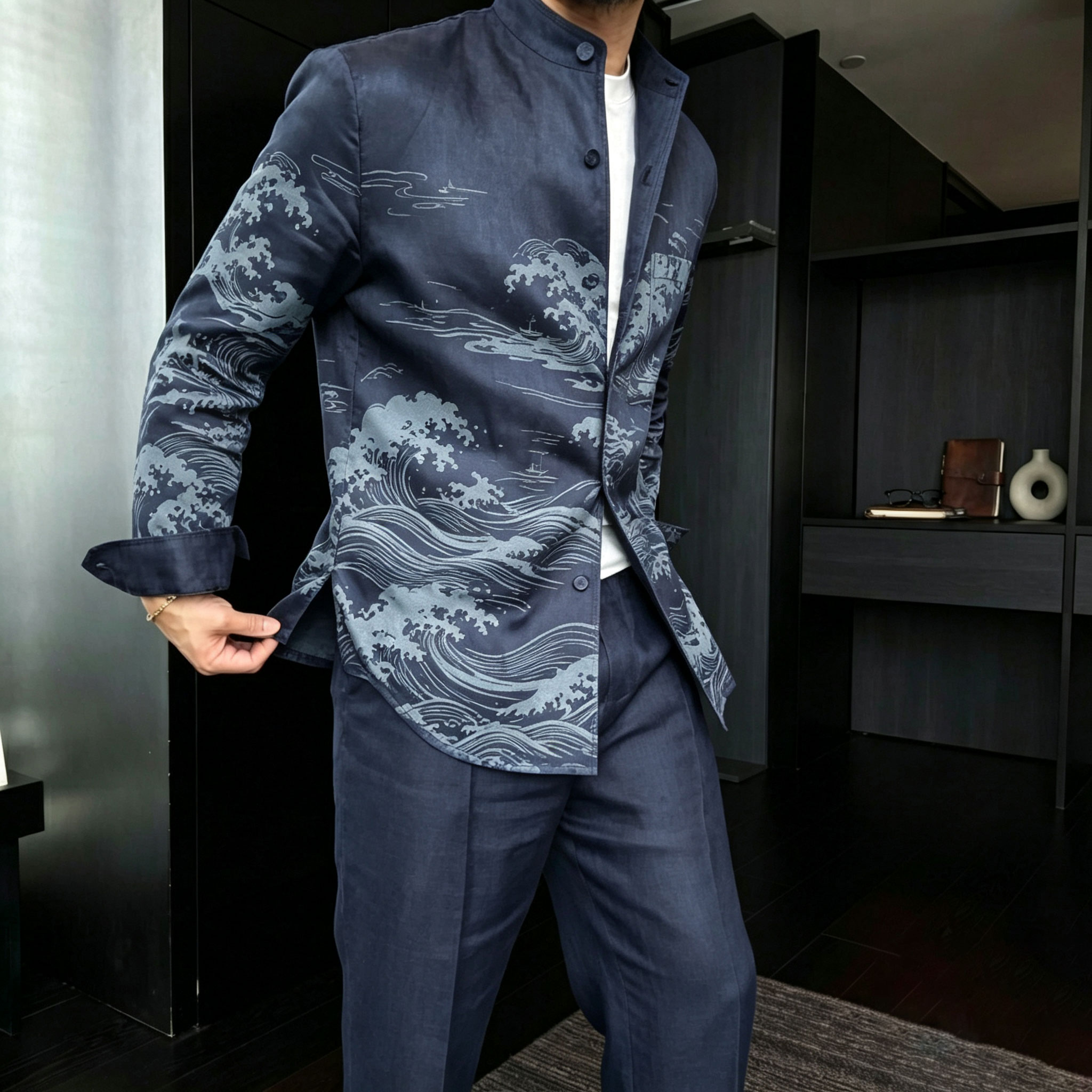 Conjunto de dos piezas casual Wave-estampado Stand-Collar de manga larga camisa and pantalón para hombre