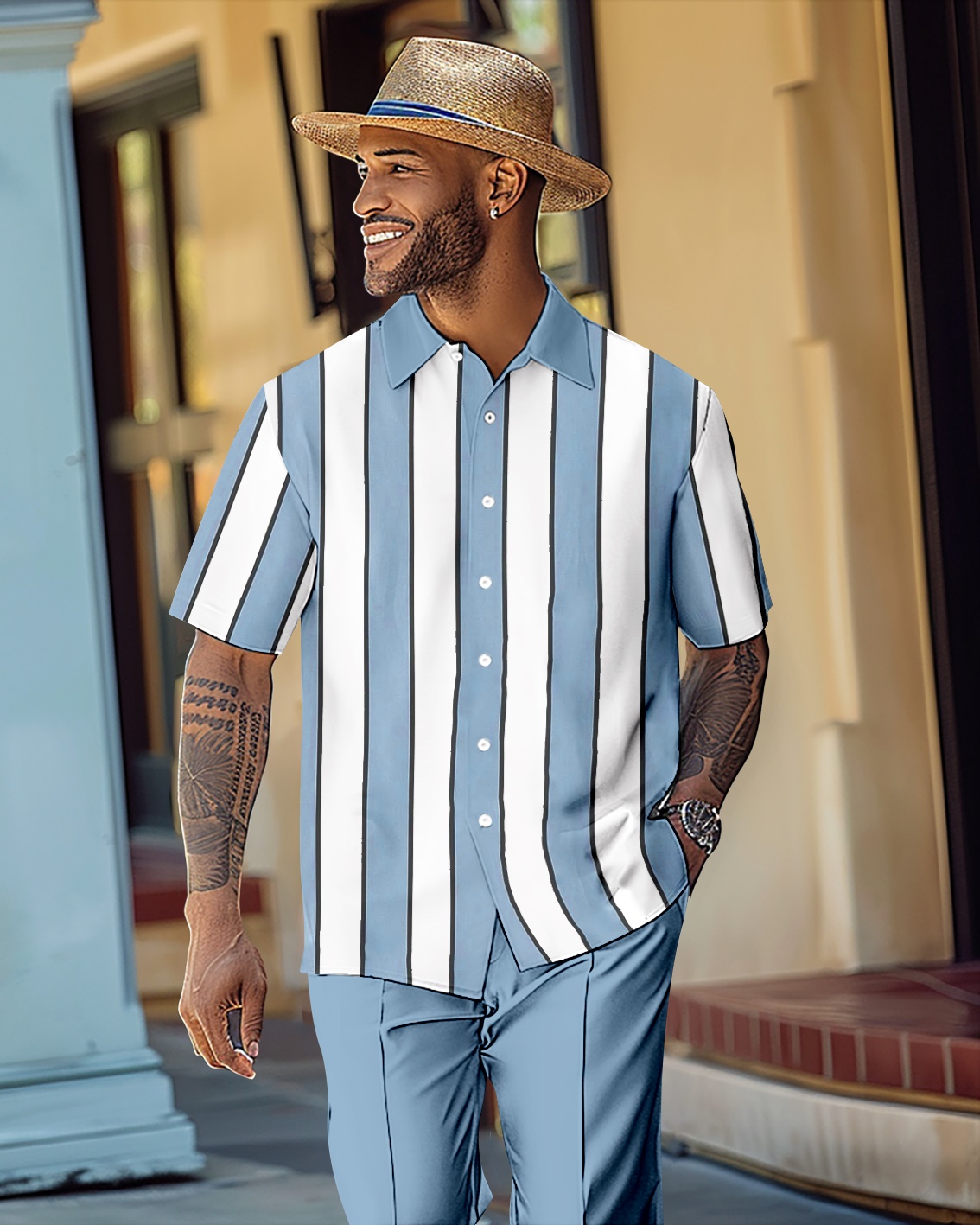 Camisa retro Colorblock de manga corta Walking Suit 1159 para hombre
